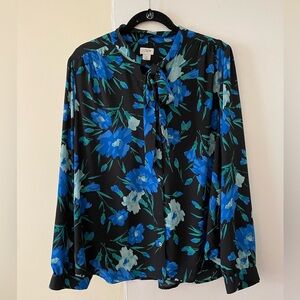 J. Crew Black Blouse with Blue & Teal Floral Tie-Neck